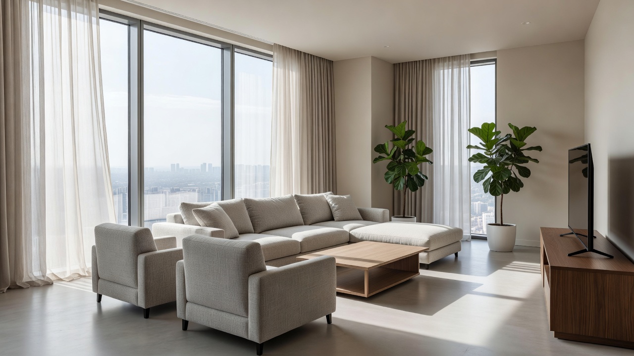 Contemporary bright hotel interior living space with natural light