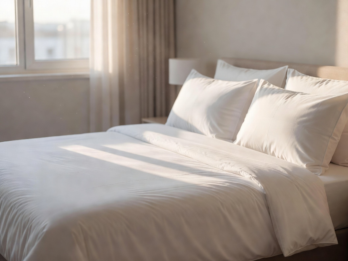 Crisp clean hotel bed with natural light streaming through the window