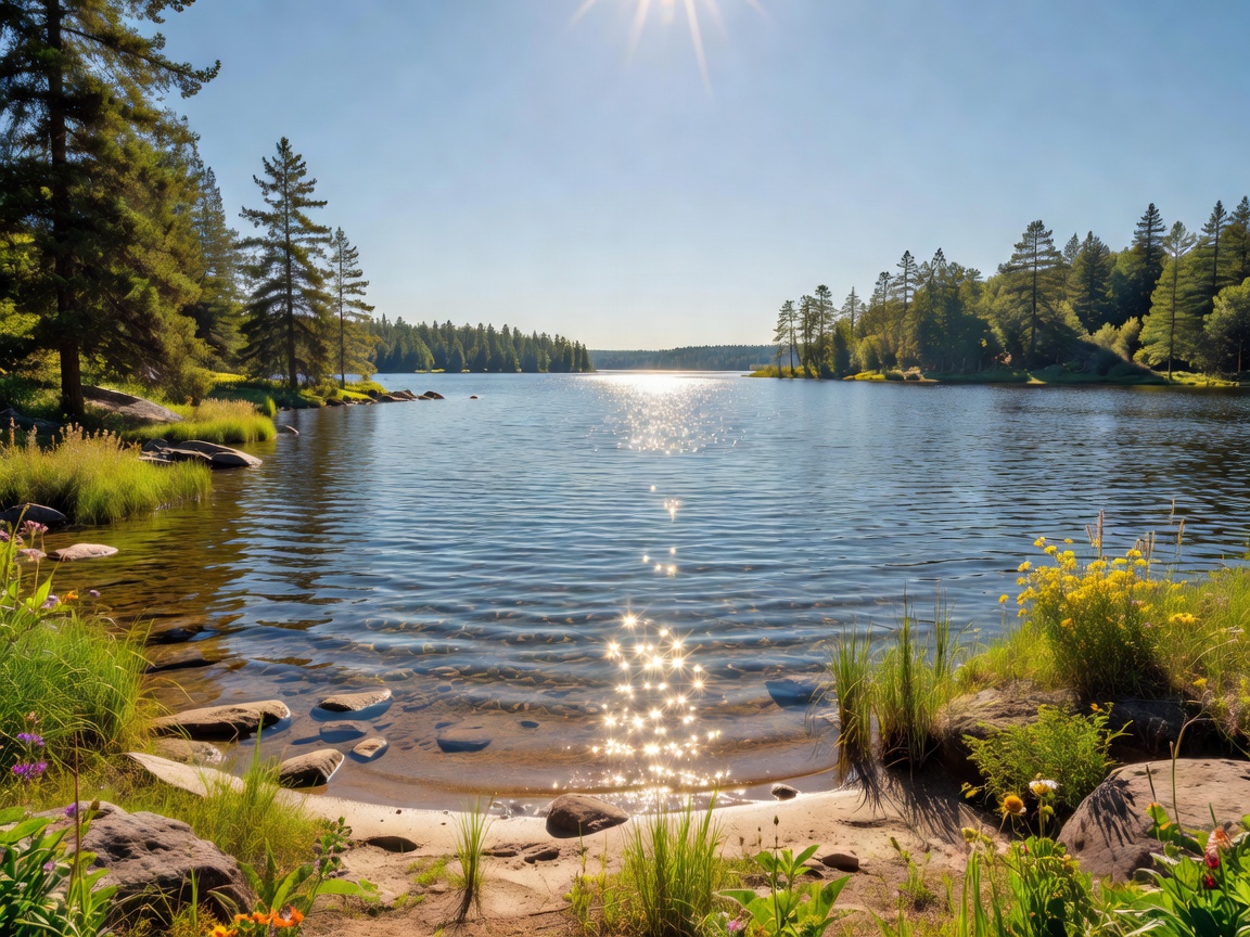 Summer lake scenery with bright sunshine